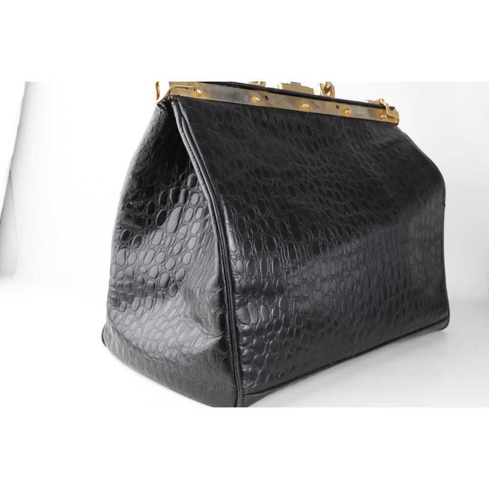 Rare Vintage L’ior Structured Doctor Frame Bag Croc Embossed Leather Calf Hair - Picture 9 of 16